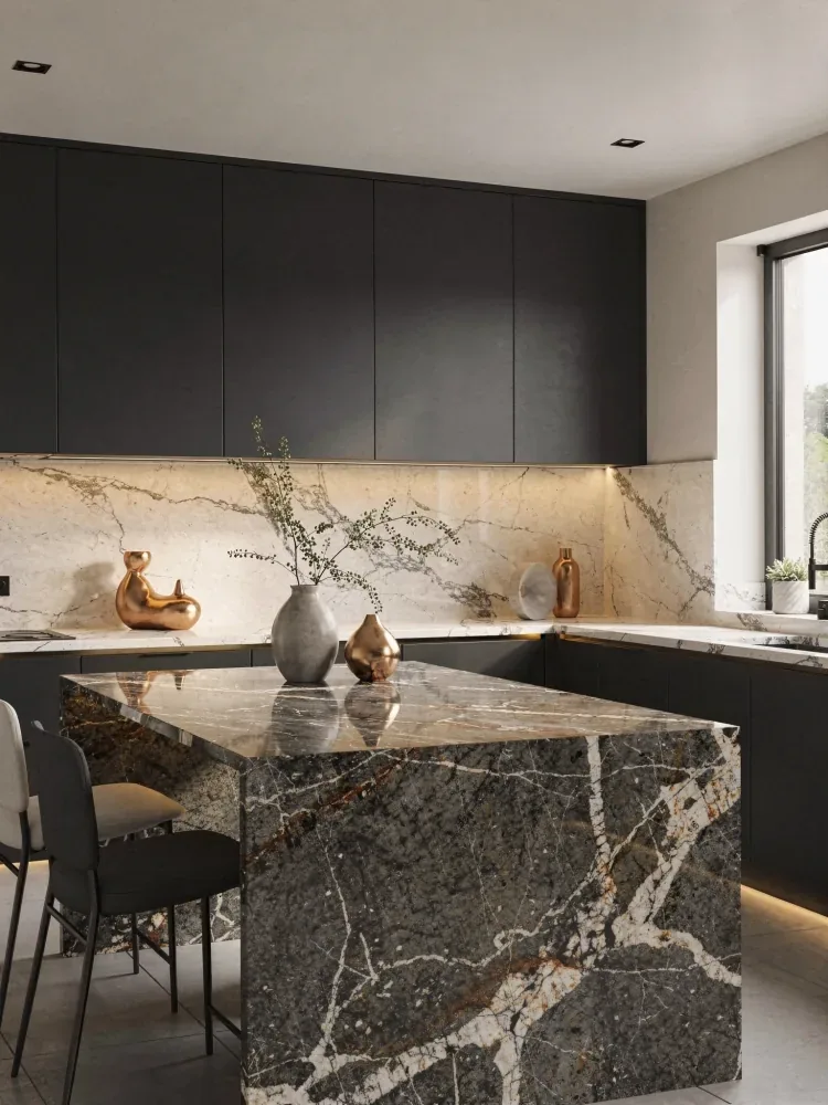 Ambiente residencial com ilha de cozinha em mármore exclusivo